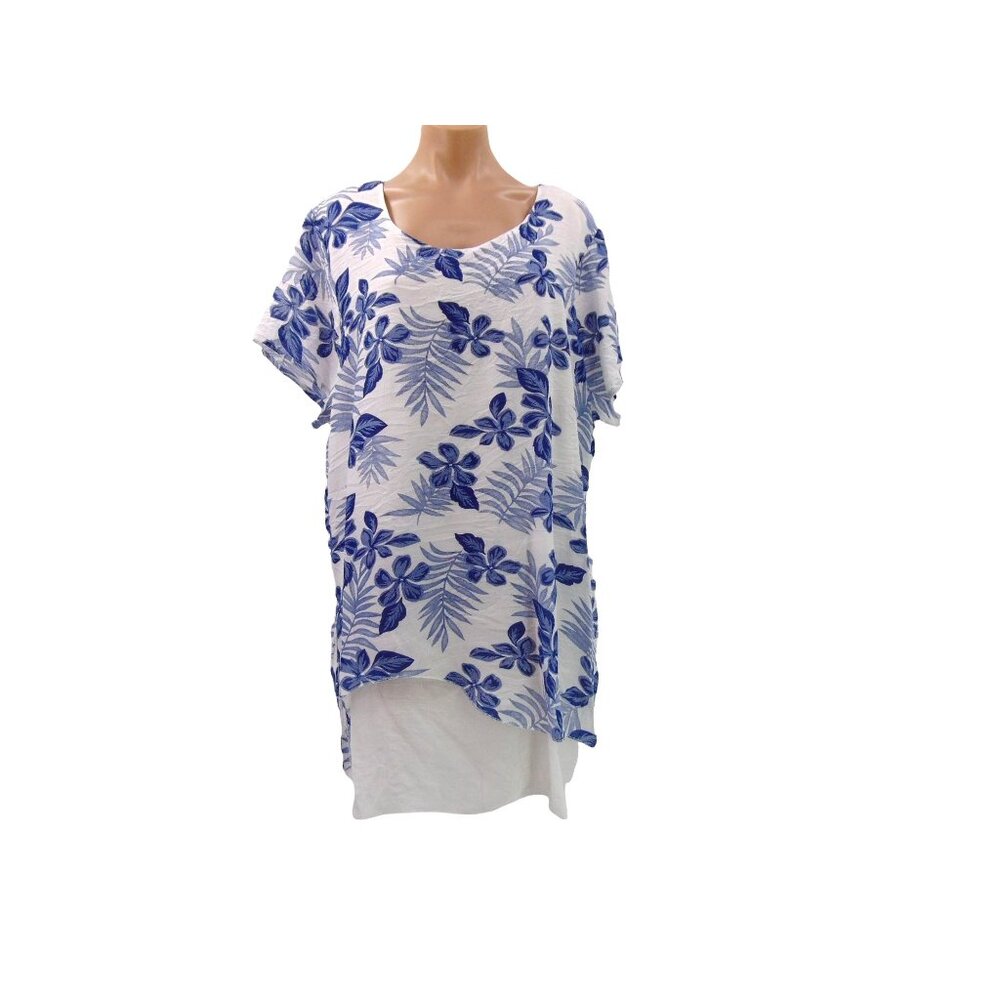 Serengeti White Blue Layered Look Swing Top 1X Floral Tropical Lagenlook - Picture 3 of 11